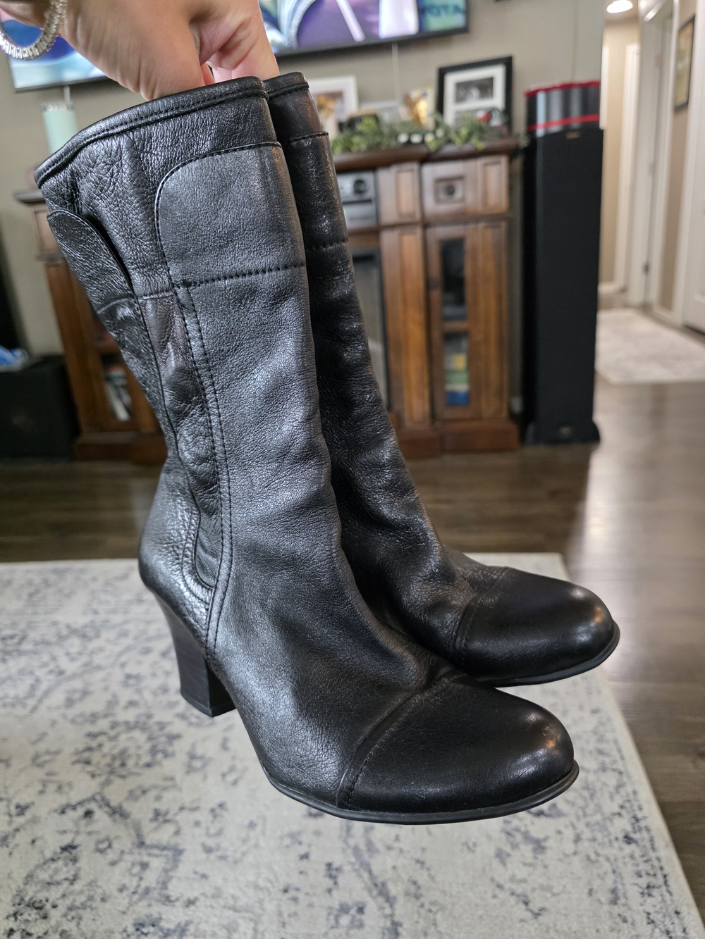 Born Pratt Black Leather Mid-Calf Boots Block Heel Size 9.5